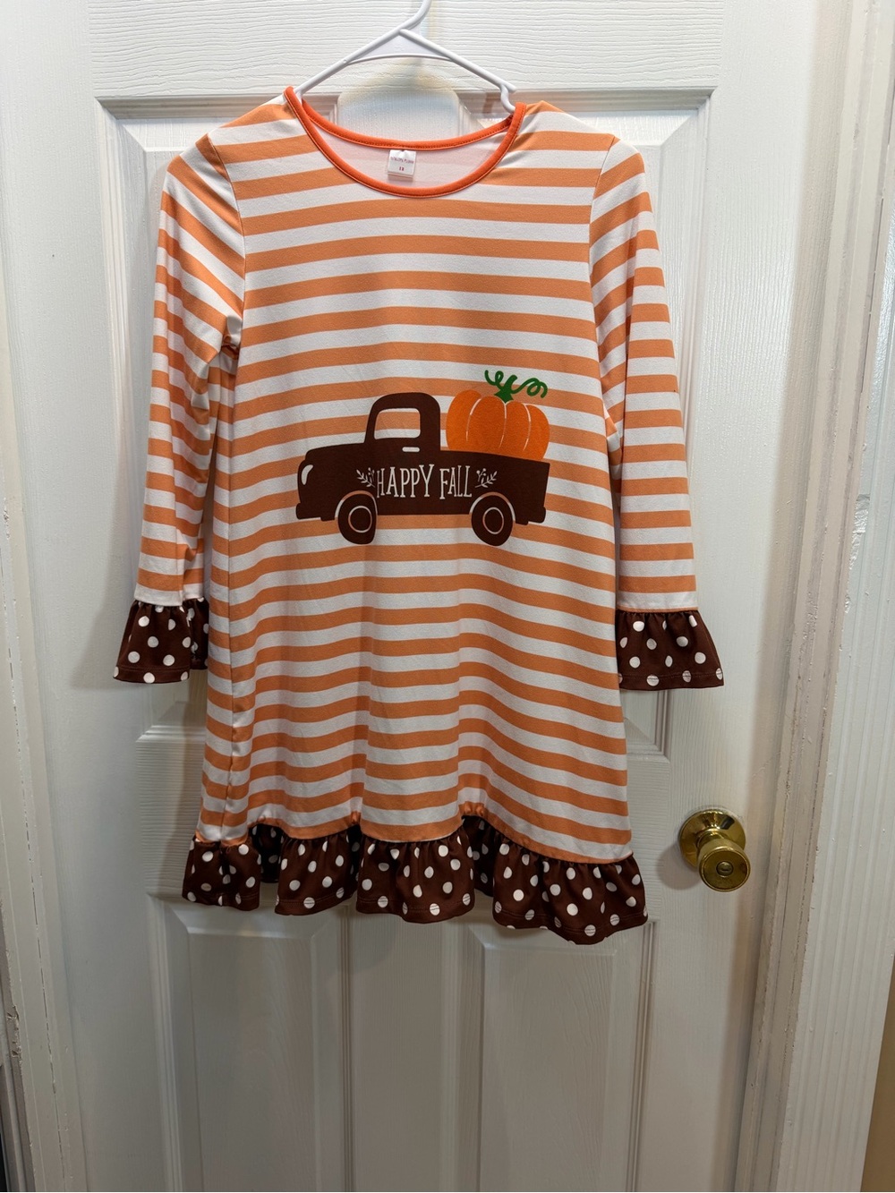 Kids Orange Stripe 'Happy Fall' Long Sleeve Dress - Picture 1 of 3
